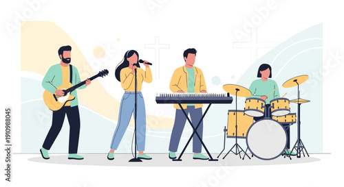Energetic Musical Ensemble Performing Live with a Guitarist, Vocalist, Keyboardist and Drummer