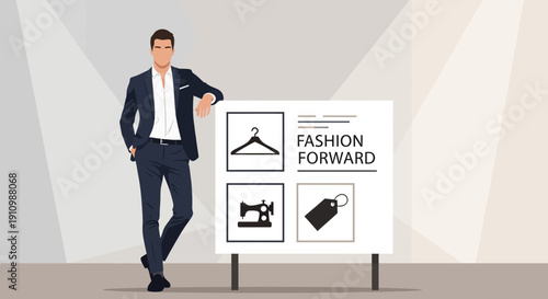 Fashion Forward Businessman Presenting Clothing Industry Icons And Symbols