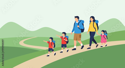 Family Hiking Adventure Through Scenic Rolling Green Hills