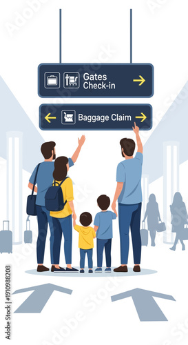 Family Navigating Modern Airport Signage For Their Travel Journey