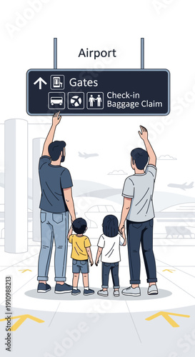 Family Navigating Airport Signage Directional Guidance For Travelers Seeking Gates Check-in