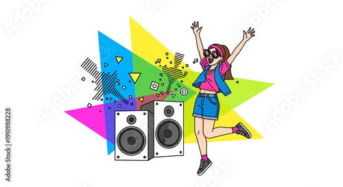 Energetic Young Woman Dancing Joyfully Next To Audio Speakers