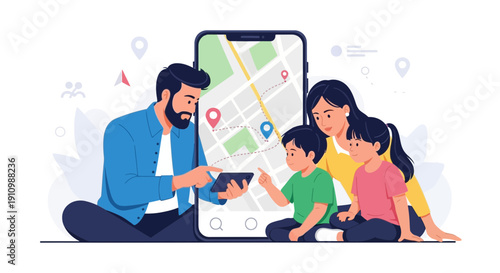 Family Navigating With Digital Map Technology On Smartphone
