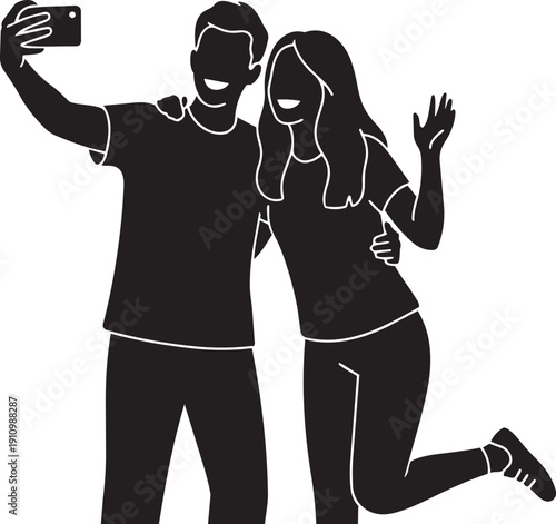 Cuadro en lienzo Friends Taking Selfie Silhouettes Social Interaction Isolated On White Backgroun