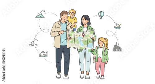 Family Planning An Adventure Together Using A Map For Destinations