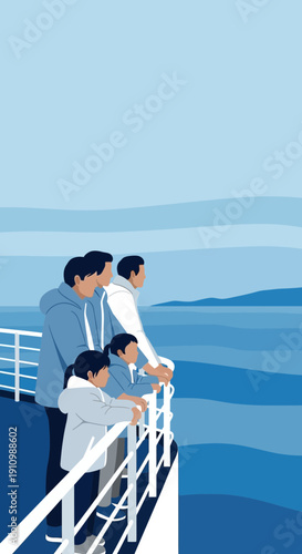Family Admiring Ocean Vista From Cruise Ship Deck Together