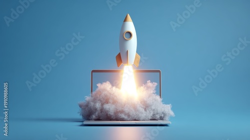 A conceptual image of a rocket launching from a laptop, symbolizing innovation and technological advancement. A Rocket blasting off from laptop screen on blue background