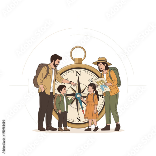 Family Adventure And Exploration With Compass Illustrative Concept