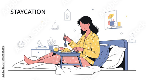 Enjoying A Relaxing Breakfast In Bed During A Staycation Delightful Morning