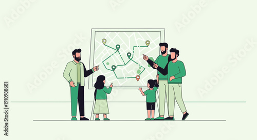 Family Planning Trip Route Together Looking At A Destination Map