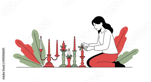 Festive Candle Arrangement A Woman Decorates For Holiday Celebration