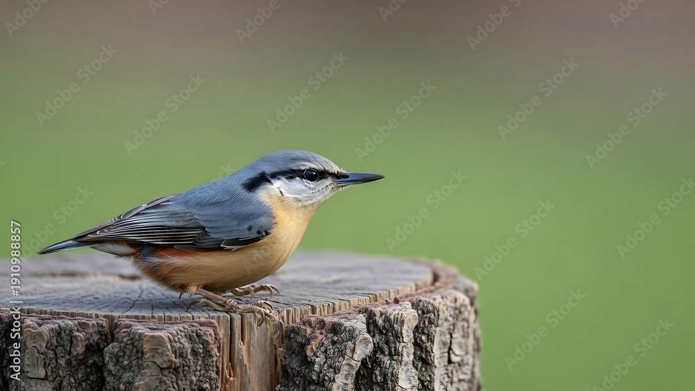 Fototapeta premium Small bird perched on tree stump.