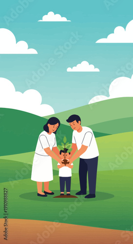 Family Planting A Sapling Together Symbolizing Environmental Care