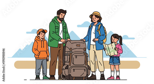 Family Adventure Ready With Backpacks And Map For Travel
