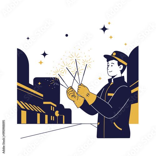 Festive Celebration Sparkler Display Against Urban Nightscape Illustration