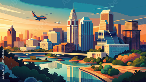 Very beautiful drone skyline aerial panorama of Austin, Texas, USA, featuring the Colorado River, modern skyscrapers, and the dynamic urban landscape of the Texas capital.