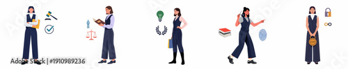 Flat vector illustration set of female professionals in the legal field with icons representing law, justice, intellectual property, and security.