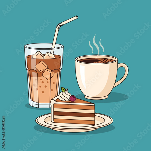 Iced Coffee, Hot Coffee, and Cake Slice on Teal Background