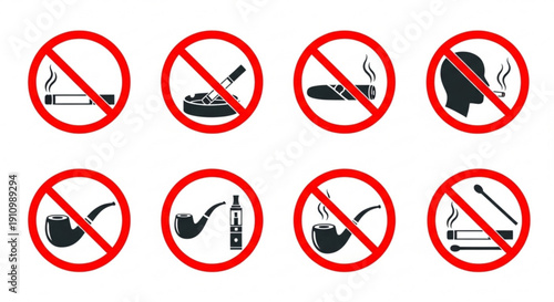 No smoking symbols prohibition signs vector icons set