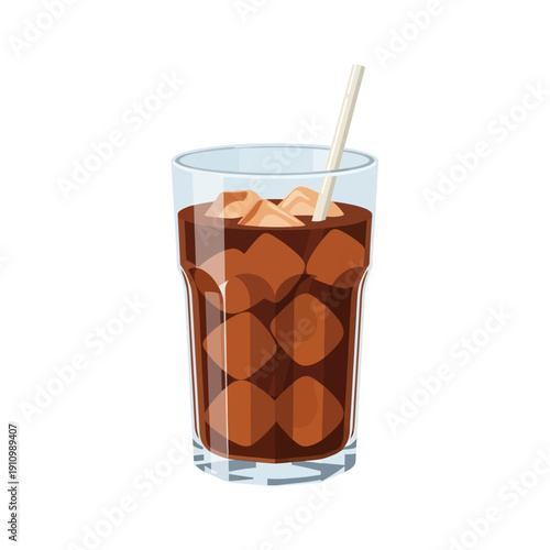 Refreshing Iced Coffee with Ice Cubes and Straw in a Glass