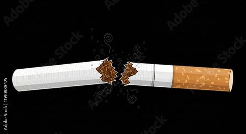 Broken cigarette with smoke on black background symbolizing quitting