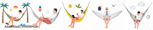 Digital Nomads Working from Hammocks: Vector Set of People Enjoying Remote Work Lifestyle on Tropical Beaches or During Vacation.