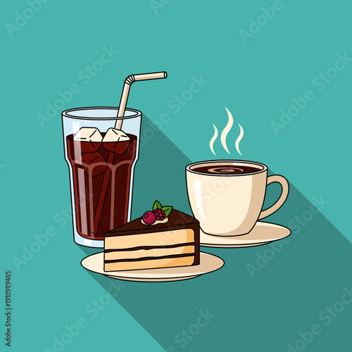 Coffee, Cake, and Iced Drink with Straw on Teal Background