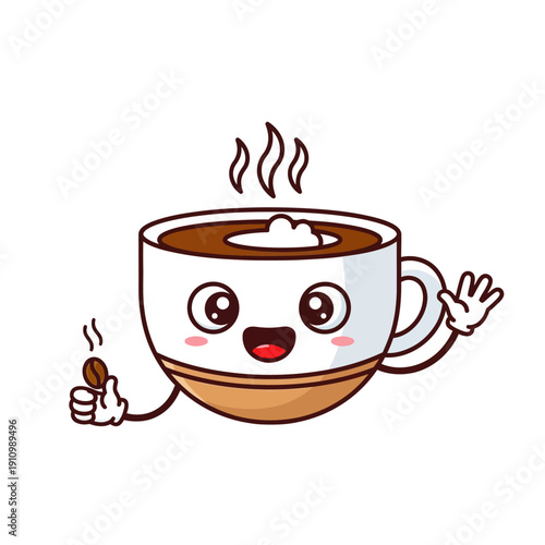 Cute Kawaii Coffee Cup Character Holding Coffee Bean Waving Hello