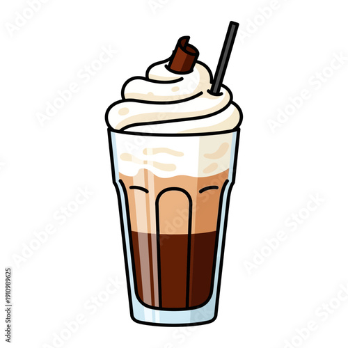 Iced Coffee with Whipped Cream and Cinnamon Stick in Tall Glass
