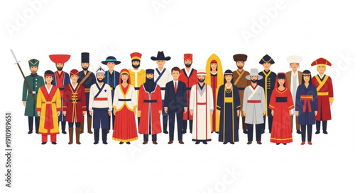 Diverse group of people in traditional and historical costumes standing together