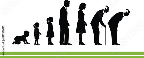 Human life stages silhouette, aging progression, development timeline, black figures, educational graphic, medical illustration, sociological concept, visual aging chart