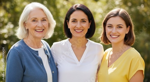 Three women of different ages and ethnicities stand outdoors, smiling and posing for a photo.