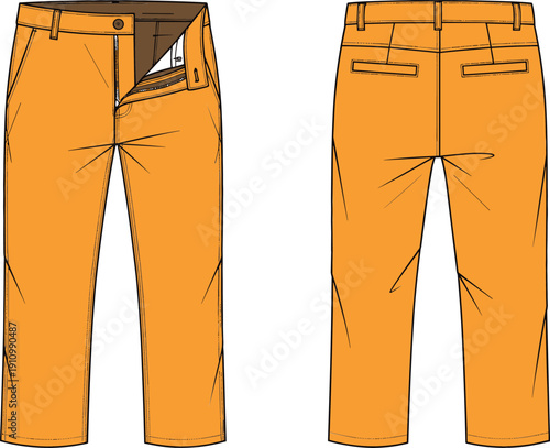Professional vector set of orange chino trousers featuring front and back views for fashion tech packs and retail