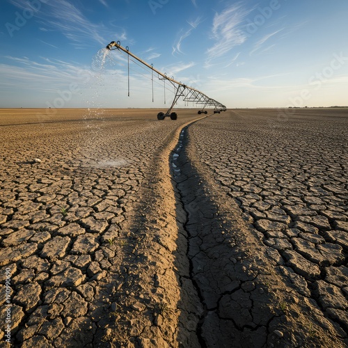 Extensive irrigation system struggling to bring adequate water to severely arid farmland during a prolonged dry season, emphasizing cracked earth ,tubing ,water ,drought