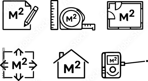 Line icons representing square meter measurement and property area calculation.
