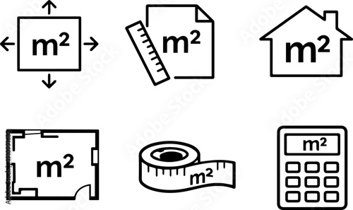 Line icons representing square meter measurement and property area calculation. Vector
