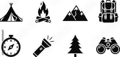 Outdoor adventure icon set camping hiking and exploration symbols