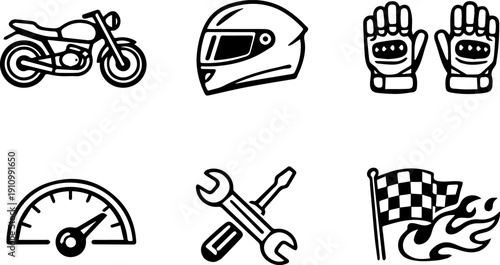 Line icons related to motorcycle racing and speed competition. Vector
