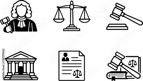 Judge scales gavel courthouse icons