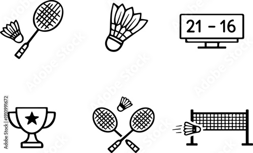 Badminton racket shuttlecock net scoreboard icons