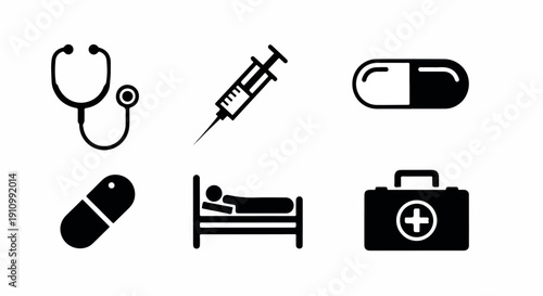 Set of Diverse Black and White Flat Design Medical and Healthcare Icons Including Stethoscope, Syringe, Pills, Patient, and First Aid Kit
