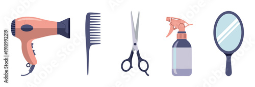Set of professional hairdresser tools including a hairdryer, comb, scissors, spray bottle, and mirror arranged in a row, presented in a clean flat vector illustration style