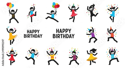 Dancing Stick Figures Celebrating Birthday.