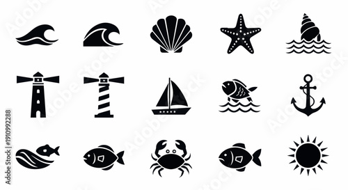 Collection of Diverse Black Silhouette Marine and Nautical Icons, Featuring Sea Creatures, Waves, and Coastal Elements