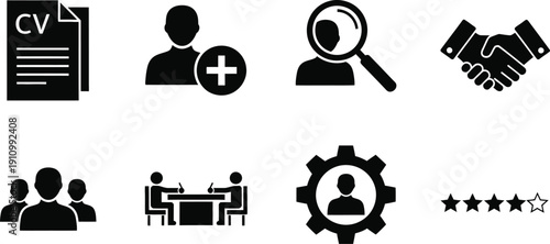 Icon set for business and recruitment concepts featuring cv profile search partnership team meeting settings and rating symbols