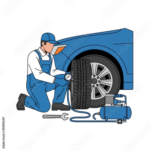 Mechanic inflating car tire with air compressor, close-up on vehicle service