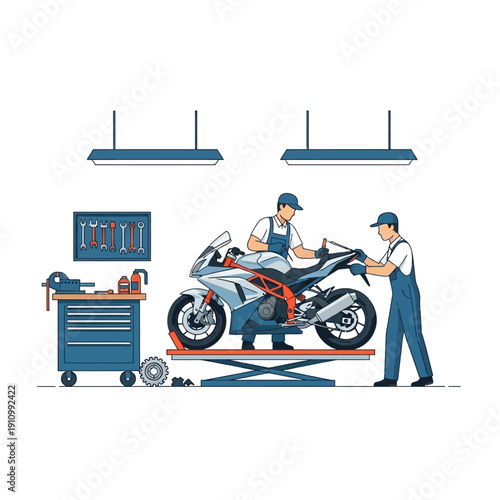 Motorcycle Repair: Mechanics Working on a Sportbike in a Workshop