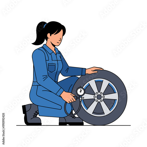 Mechanic woman checking tire pressure with gauge, car maintenance, auto service, repair workshop