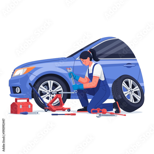 Female mechanic repairing a blue car, changing a tire with tools and jack.