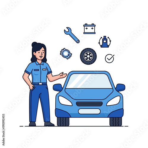 Female mechanic with car, auto repair icons, service, maintenance, workshop, vehicle care
